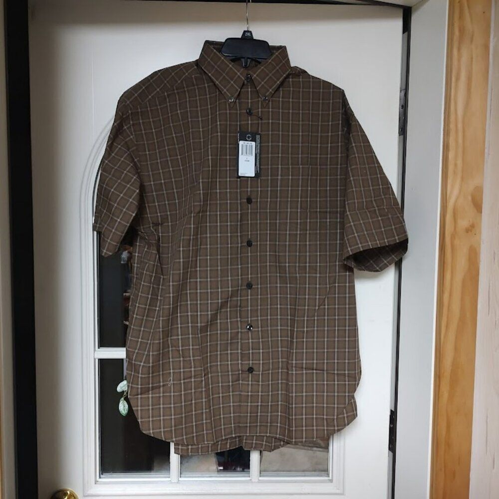 New Van Heusen Brown Check  Short Sleeve Button Down Shirt Men's L Tall